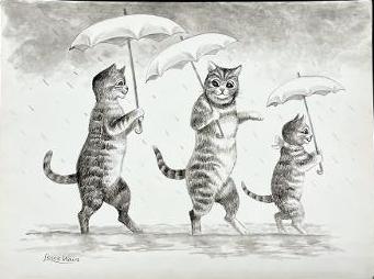 Louis Wain Pencil on Paper Cats in the Rain 12" x 16" (1 of 4)