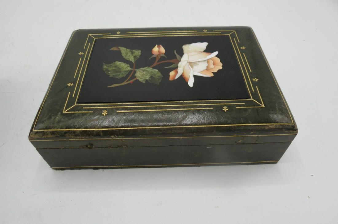 Pietra Dura & Leather Box with Flower 2" x 7" x 5" Florence (1 of 2)