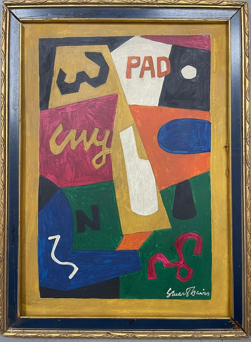 Stuart Davis Gouache on Board 14.5" x 10" (Attrib) Fr: 17" x 13": Shipping in USA $ 90 Stuart Davis, was an early American modernist painter. He was well known for his jazz-influenced, proto-pop art paintings of the 1940s and 1950s, bold, brash, and colorful, as wel