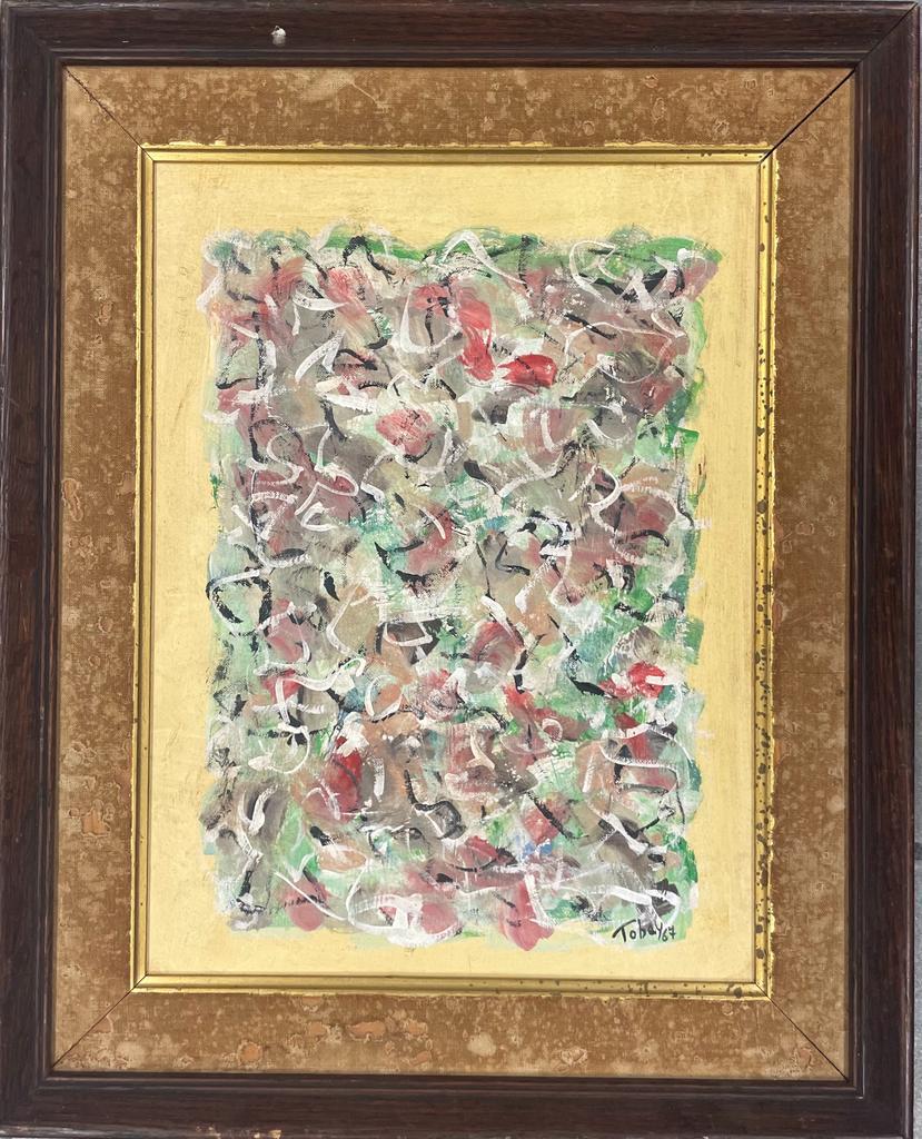 Mark Tobey 67 (Attribued) Oil on Canvas on Board No COA: 16" x 12" Shipping in USA $ 100. Mark George Tobey was an American painter. His densely structured compositions, inspired by Asian calligraphy, resemble Abstract expressionism, although the motives fo