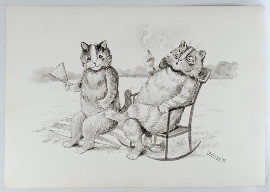 Louis Wain Pencil on Paper 12" x 16" Unframed - Provenance: Shipping in USA $ 40. Provenance Estate Gustavo Pedreira. Louis William Wain (5 August 1860 - July 1939) was an English artist best known for his drawings, which consistently featured anthropomorphize