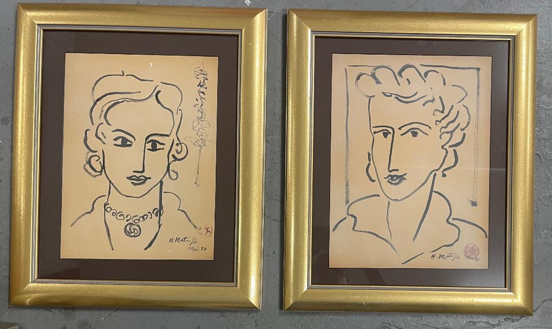 Pair of Heni Matisse Ink on Paper "After" 13" x 10" Fr: 19" x 16": Shipping in USA $ 120.