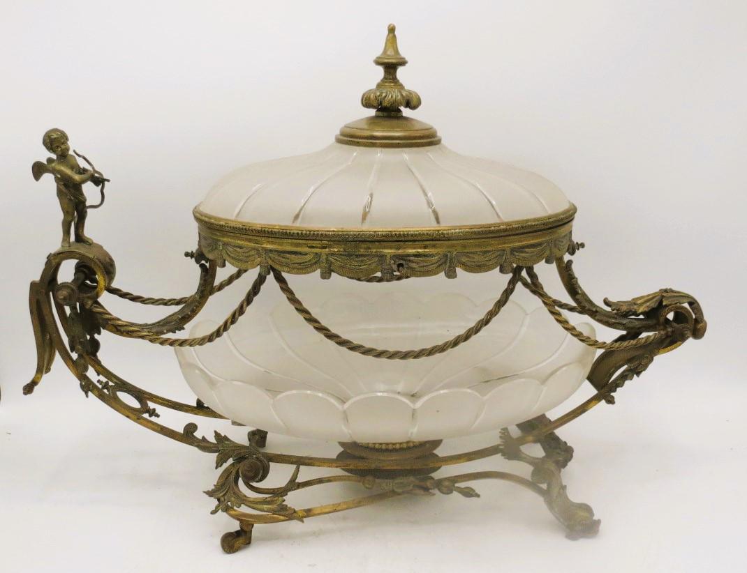 Art Nouveau Glass & Bronze Centerpiece w/ Cherub (1 of 4)