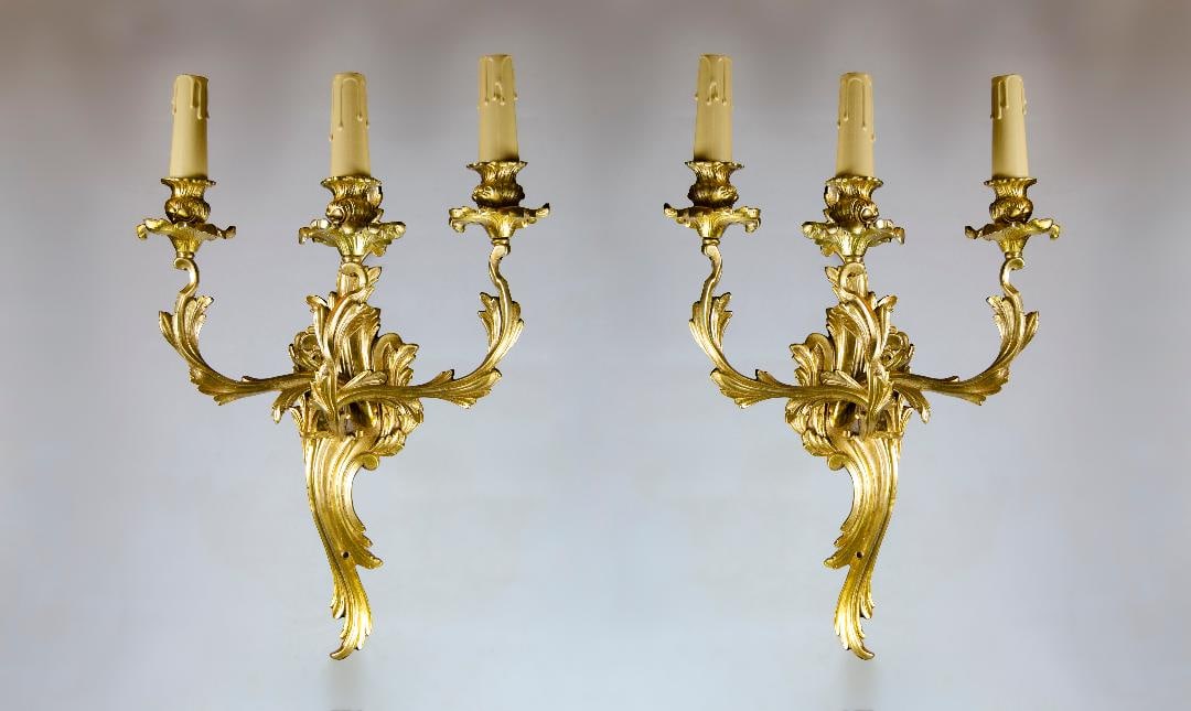 Pair of Dore Bronze Sconces Louis LXV Style H: 17" W: 13" France (1 of 3)