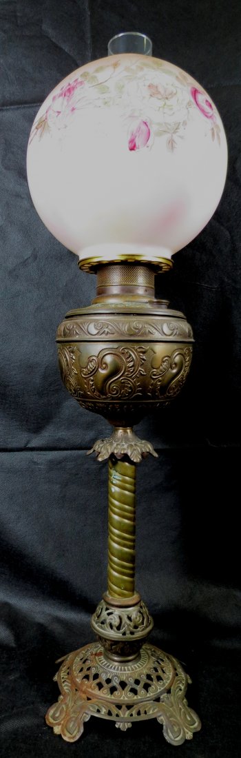 Kerosene Oil Lamp w/ Opaline Hand Painted Shade: 29"H - 10"Dia. --- Est. Shipping: $35
