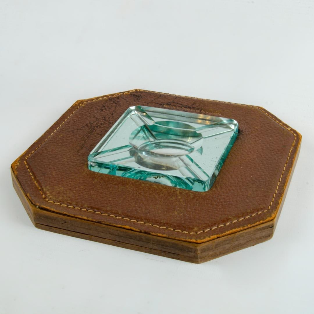 Hermes Paris Leather & Crystal Ashtray 8" x 8" France (1 of 3)