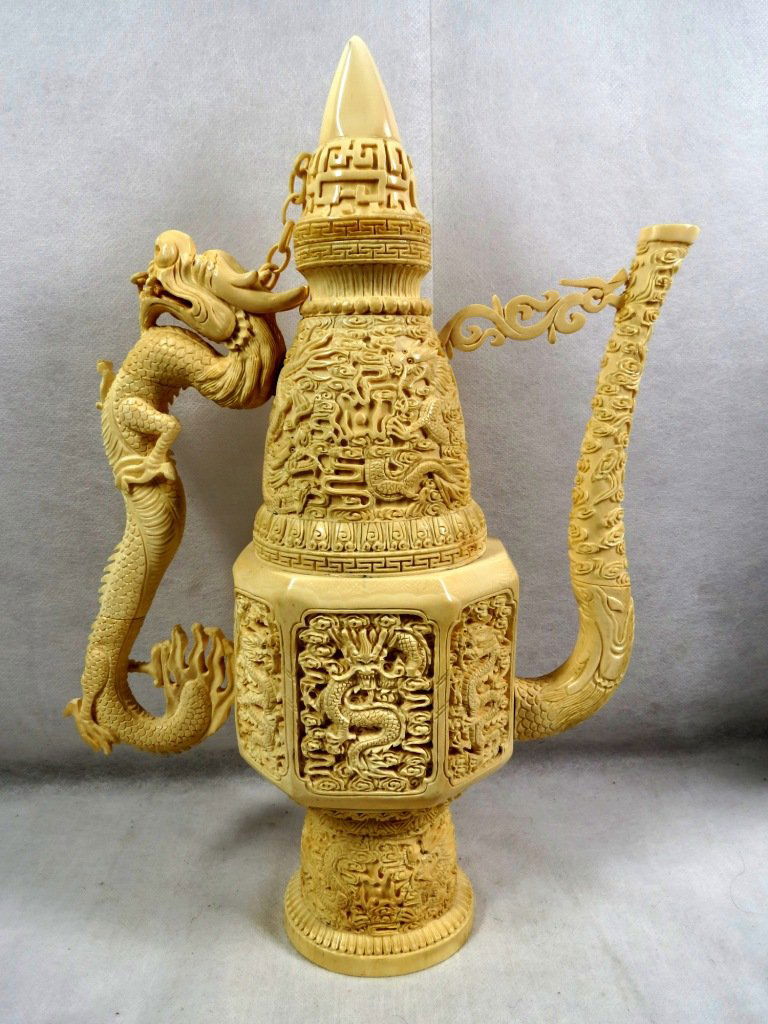 Magnificent Elephant Ivory Amphora.: Carved Dragons H-16"- W-11"- D 3.5" Est. Shipping= $ 48. to U.S. only