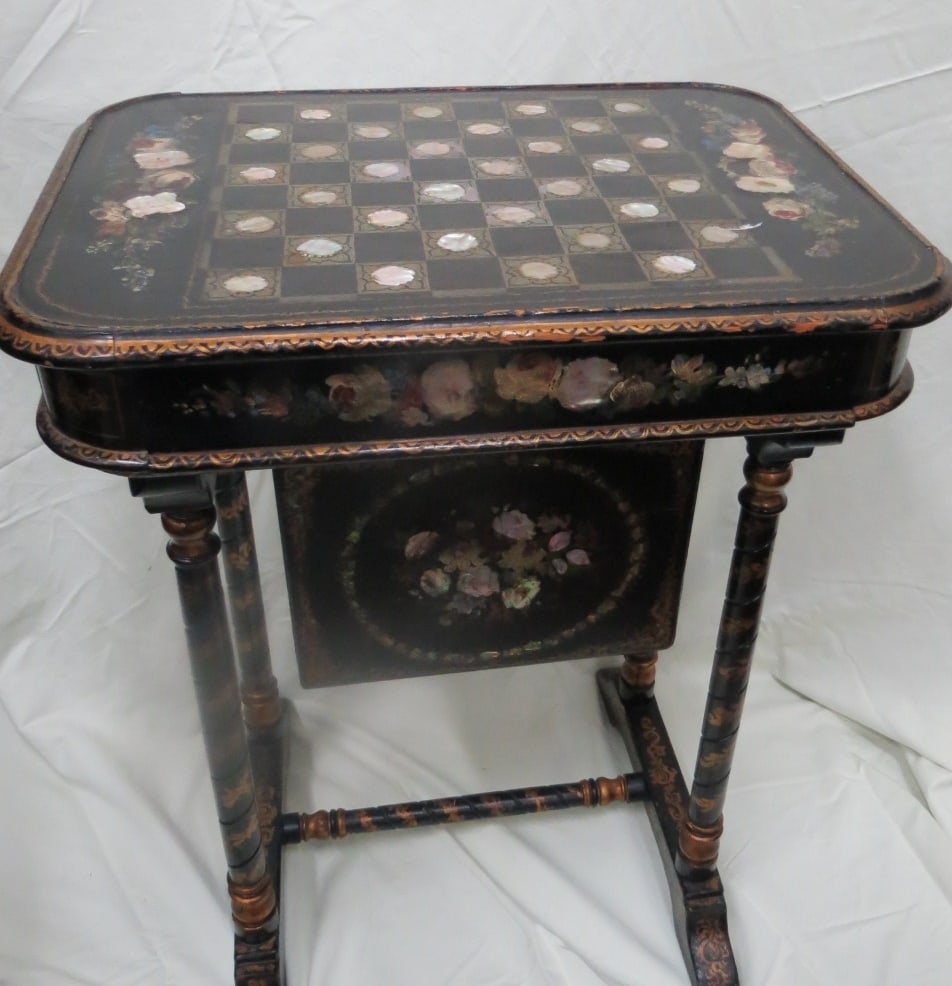 Antique Game Table with Mother of Pearl Inlaid H: 30" W: 24" D: 18" (1 of 6)