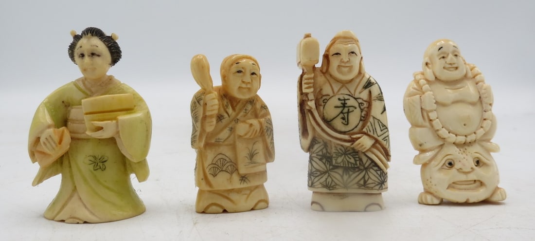 Four Netsukes - Hand Carved Japanese Mini Sculptures  H: 2.2" (1 of 3)