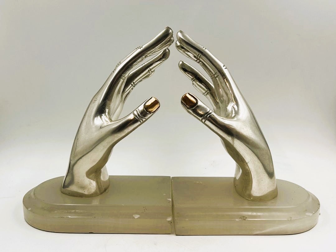 Pair of Silverplated Art Deco Bookends "Hands" H: 6" W: 5" D: 4" (1 of 7)