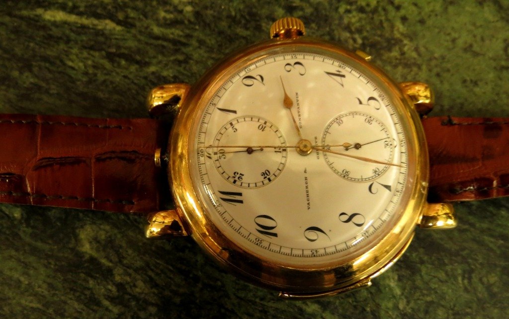 Vacheron Constantin Minute Repeater: 2.25" dia. Original pocketwatch converted to wristwatch.Chronograph movement, cased in goldplated silver. Original enamel dial, manual winding,Swiss Made.Working properly --- Est. U.S. shipping: $15