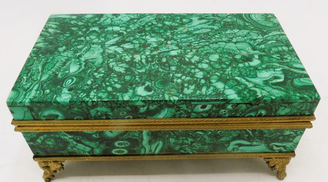 Malachite $ Bronze Jewelry Box Excellent Quality H: 3" W" 7.5" D: 4" (1 of 5)