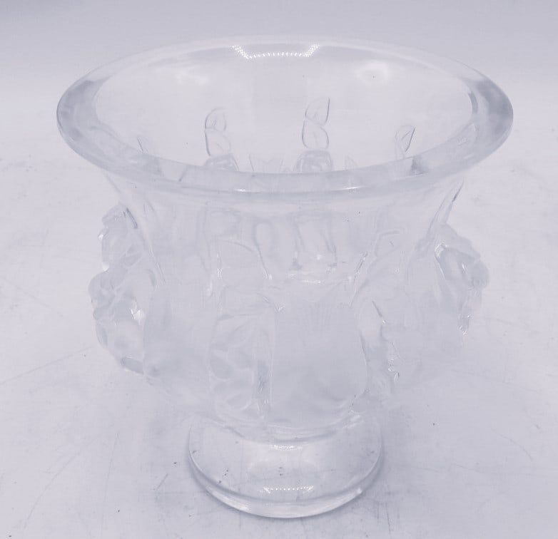 Rene Lalique Glass Vase H: 5" Diam: 5" France: Shipping in USA $ 45.Lalique is a French luxury glassmaker, founded by renowned glassmaker and jeweller René Lalique in 1888.Lalique is best known for producing glass art, including perfume bottles, 
