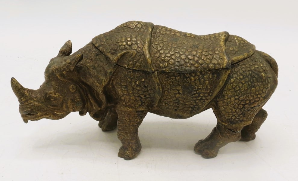 Antique Bronze Inkwell Rhino Shape H: 4" W: 9" D: 3" (1 of 3)