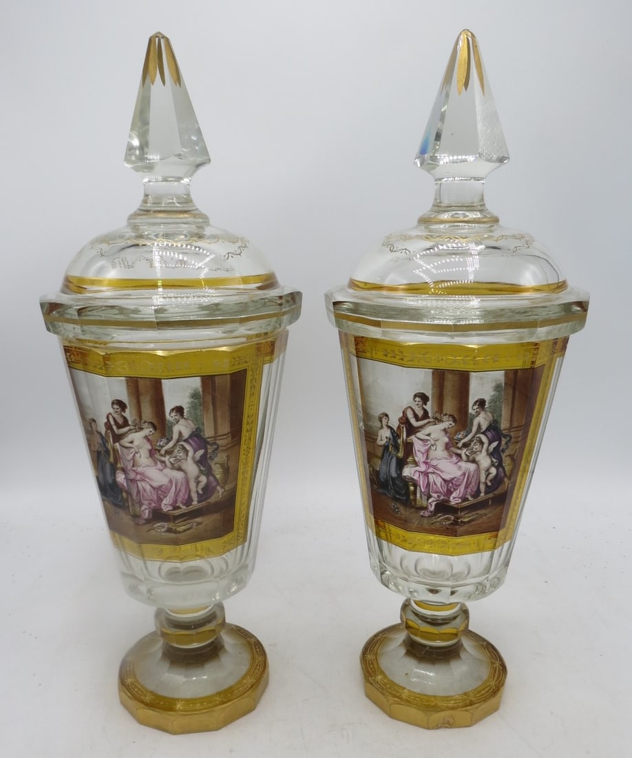 Pair of Crystal Bohemiam Lidded Urns w/ Classic Scene H: 14" D: 6" (1 of 5)