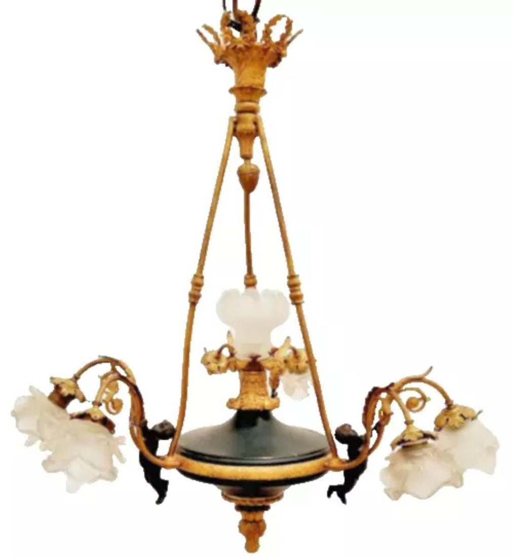 Antique Empire Style Chandelier w/ Cherubs H: 33" Glass Shades (1 of 7)