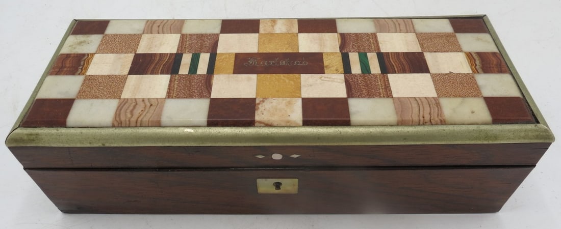 Pietra Dura & Wood Large Jewelry Box  3.5" x 9" x 3.6" (1 of 4)