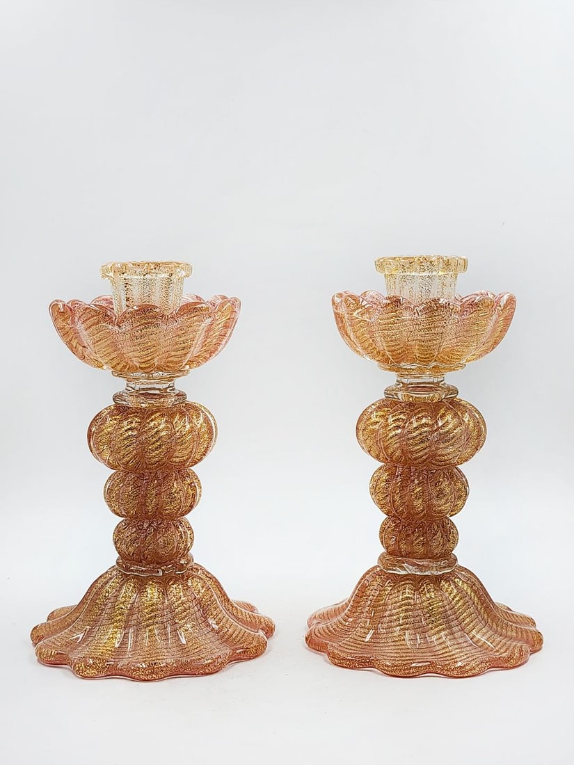 Pair of Murano Glass Candlesticks H: 5.5" W: 4.2" Italy (1 of 5)