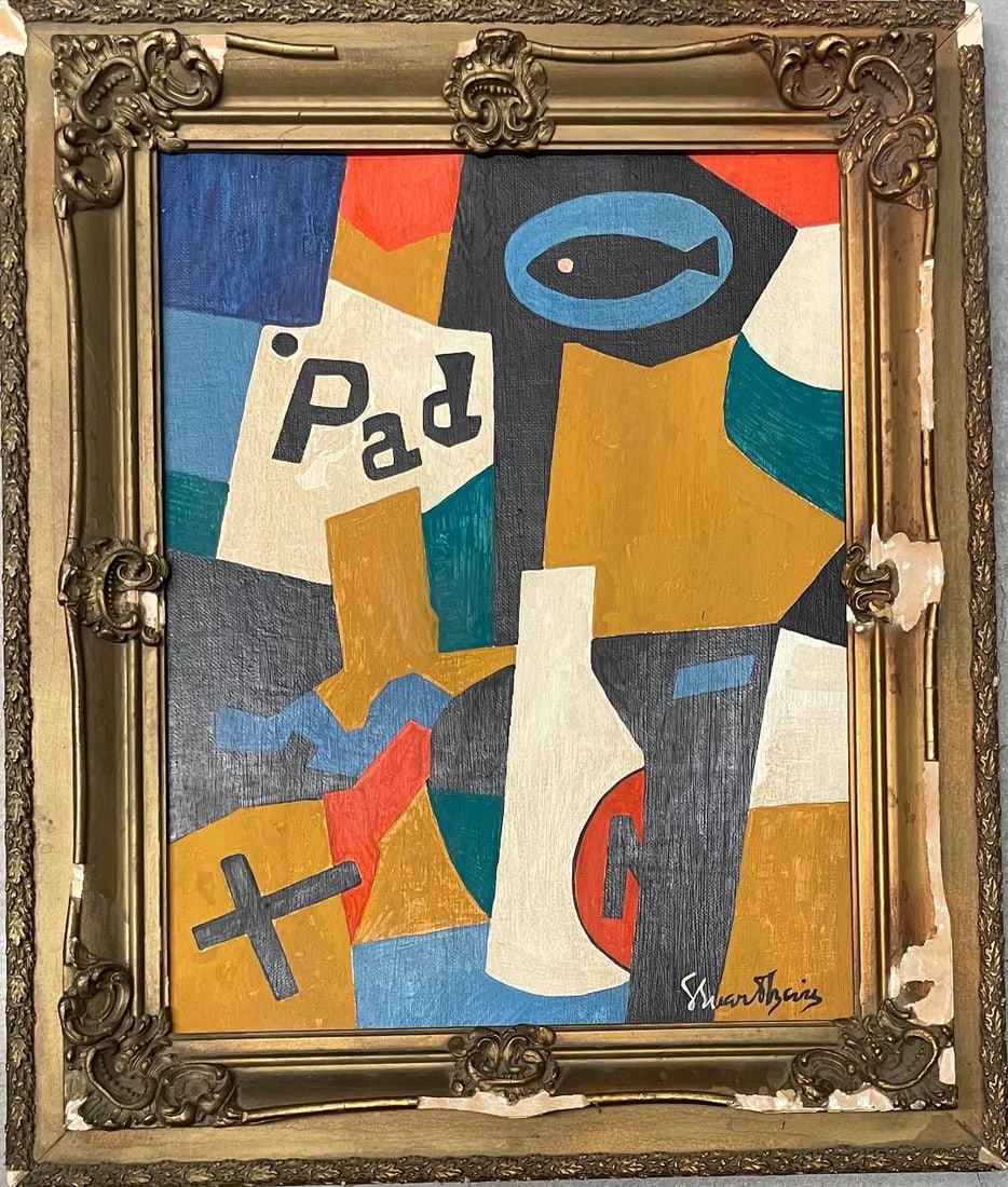 Stuart Davis (Attributed) Casein Canvas over Board Art: 14" x 11": No COA - Shipping in USA $ 100 Stuart Davis, was an early American modernist painter. He was well known for his jazz-influenced, proto-pop art paintings of the 1940s and 1950s, bold, brash, and colorf