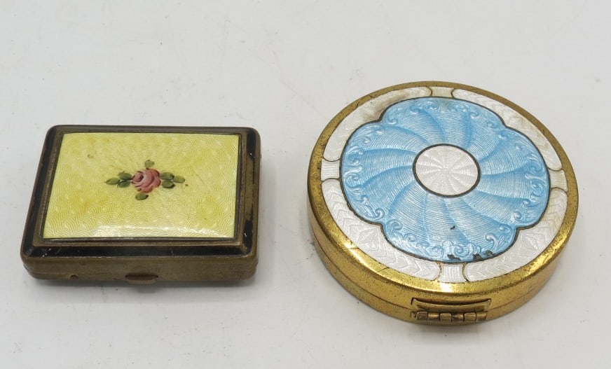Two Enamel Pill Boxes diam: 2.5" & 1.5" x 2": Shipping in USA $ 25.