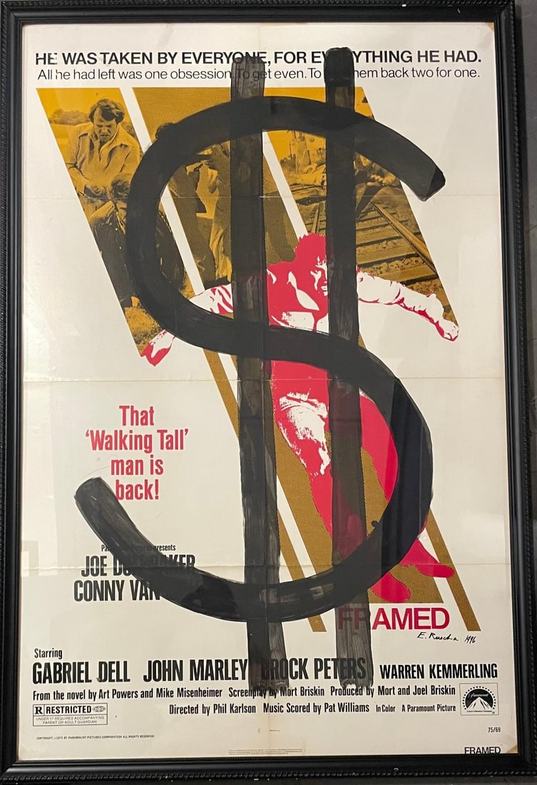 Ed Ruscha 1956 (Attributed) Poster Manipulated w/ Acrylic 40.5" x 26.5": No COA - Shipping in USA $ 400. Edward Joseph Ruscha IV is an American artist associated with the pop art movement. He has worked in the media of painting, printmaking, drawing, photography, and film.