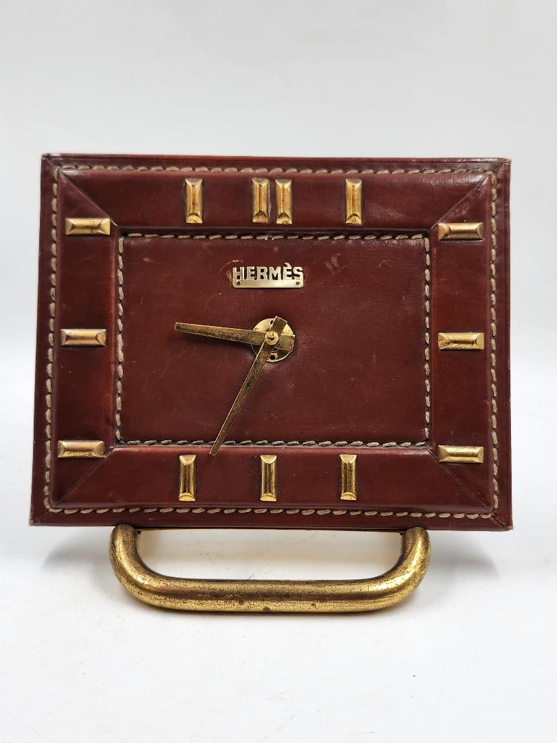 Hermes Paris Leather Art Deco Style Clock  6" x 7"  France (1 of 4)