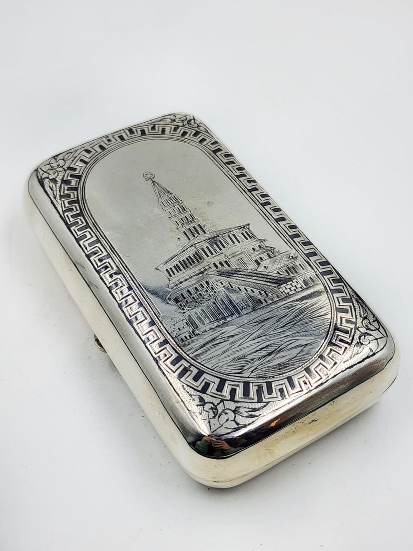 Antique Russian Sterling Silver & Niello Box H: 1" W: 4.5" x 3" Excellent (1 of 5)