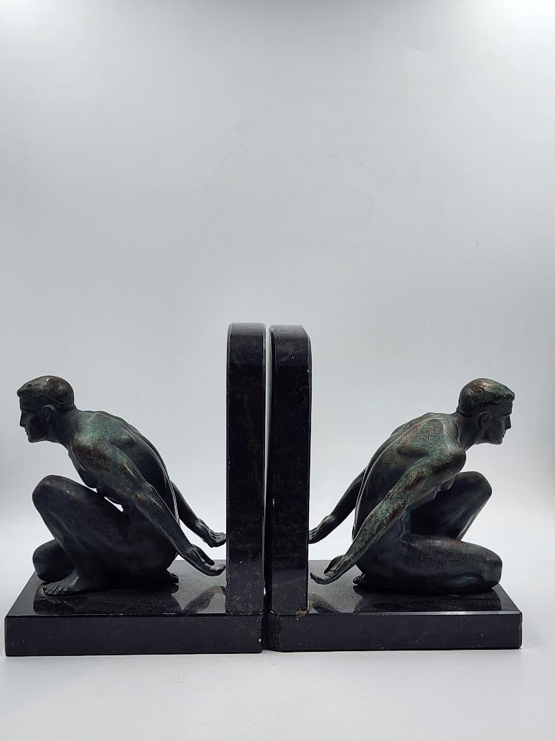 Pair of Art Deco Bronze Bookends w/ Green Patina H: 6" W: 5" D: 3" (1 of 5)