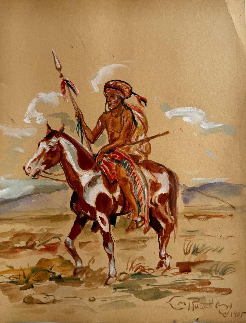 Charles Marion Russell Watercolor on Paper Art: 11.5" x 9" (1 of 2)