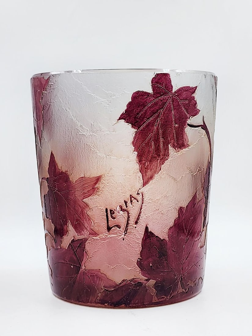 Legras Cameo Glass Vase H: 6.3" Diam: 5.7" France: Shipping in USA $ 45. Legras glass is among the great French glassmakers, producing everything from absinthe flasks to exquisite cameo glass and enamelled Monjoye glass.