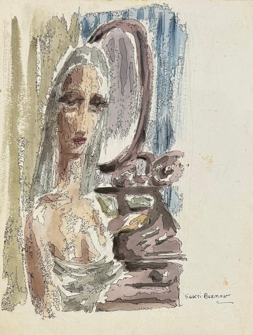 Sakti Burman Watercolor & Ink on Paper Art: 12" x 9" (1 of 1)