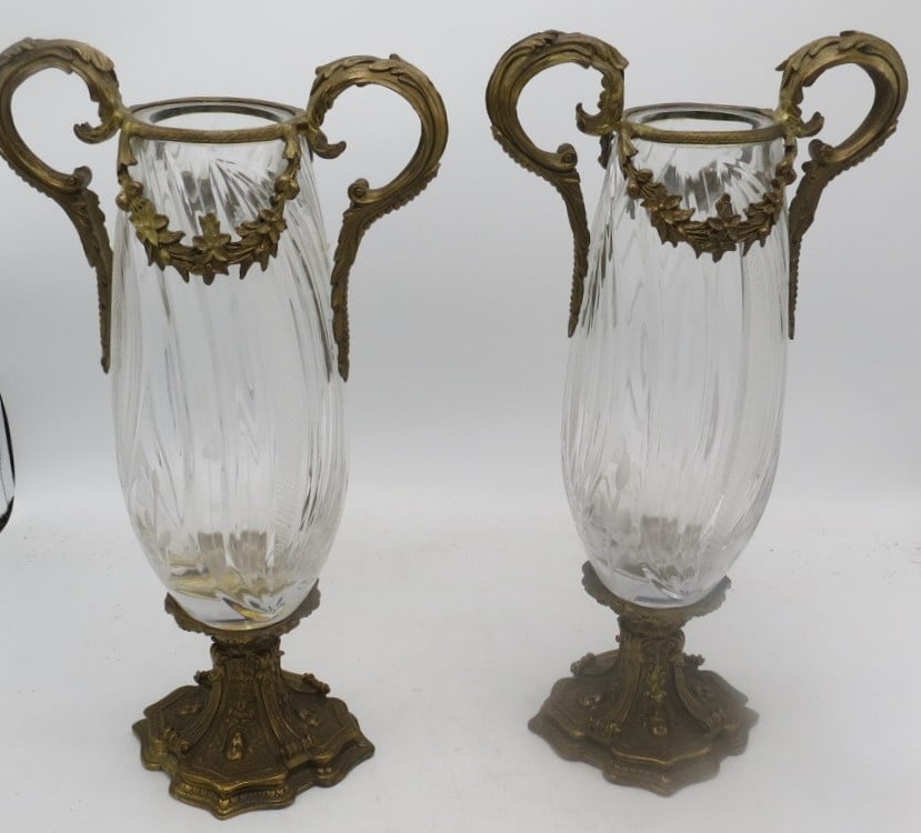 Pair of Crystal & Bronze European Vases H: 15" W: 8" D: 4" (1 of 3)