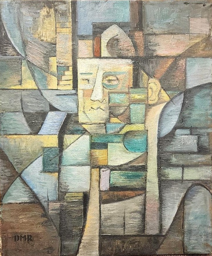 Diego Rivera Oil on Canvas Cubist Style Art: 21.5" x 18" Signed DMR (1 of 4)