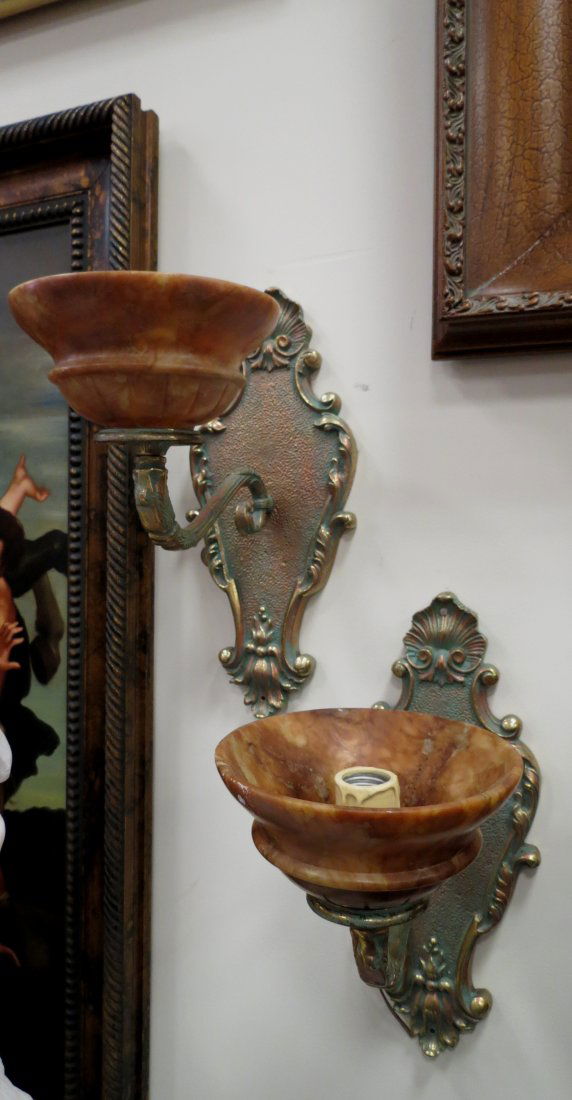 Pair of Bronze Sconces w/ Alabaster Shape: 16"H - 6"W - 11"D --- Est. U.S. shipping: $30