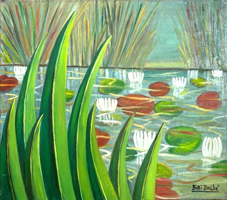Bibi Zogbe Oil on Canvas "Water Lilies" Art: 28" x 32" W/Prov. (1 of 6)