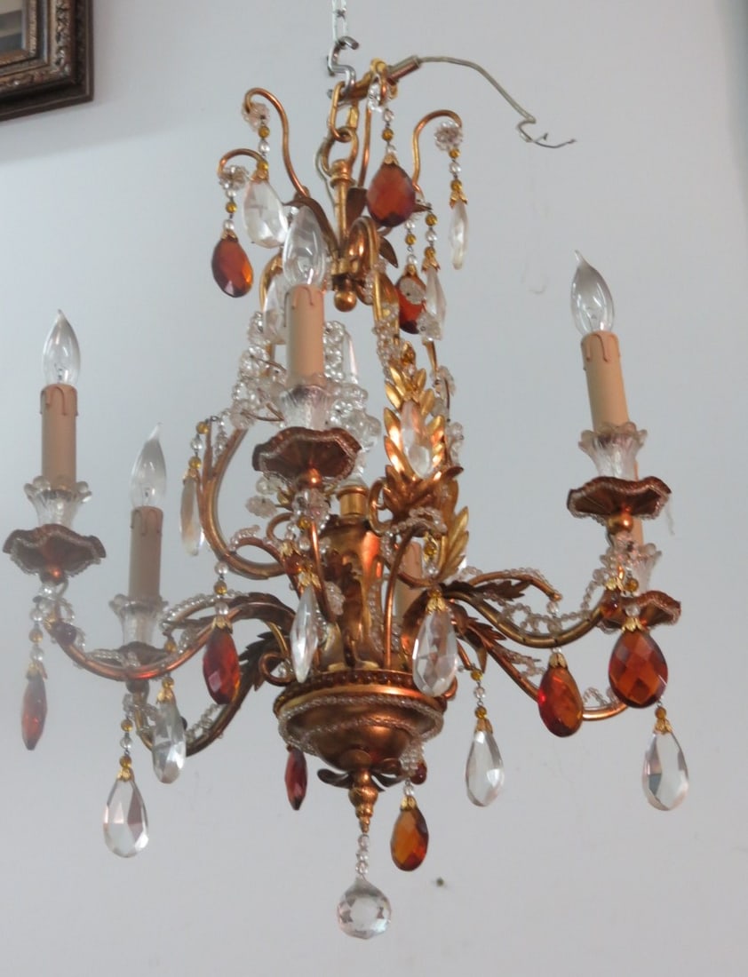 Murano Glass & Bronze Chandelier H: 25" Dia. 23" Italy: Rewired - Very Good Condition Shipping in USA $ 140..