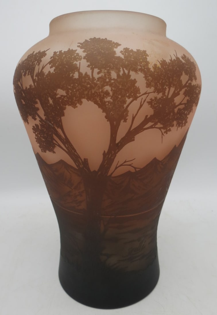Galle Cameo Glass Large Vase w/ Landscape H: 13" Diam: 9" Romania (1 of 6)