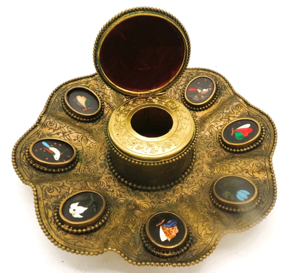 Pietra Dura  & Bronze Inkwell H: 3.5" Diam 9" Florence Italy (1 of 3)