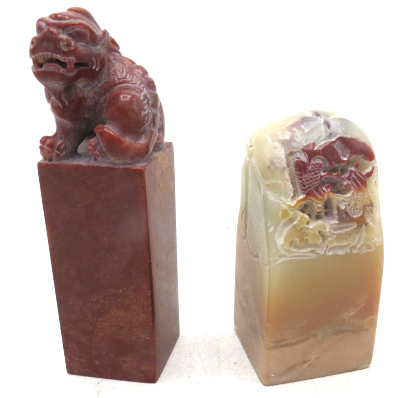 Two Chinese Carving Stone Seals H: 4" & 3" w/Dragon (1 of 3)