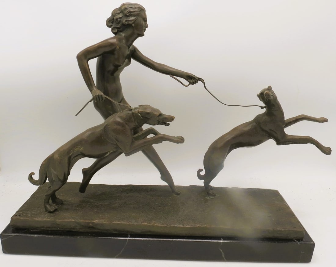 Art Deco Signed Bronze Sculpture Lady & Dogs H: 13.4" W: 16" D: 5" (1 of 5)