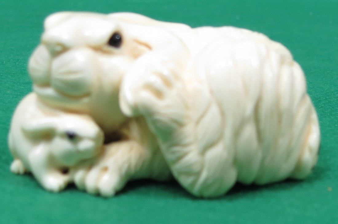 Ivory Netsuke Dog and Rabbit, Signed. : Est. U.S. shipping = $ 9