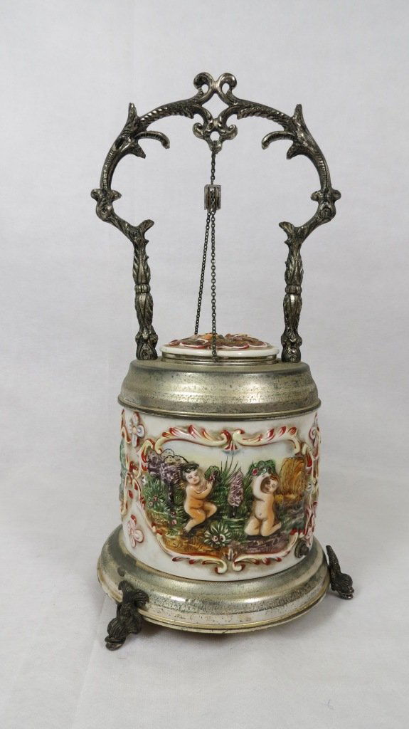 Capodimonte Automaton Music Box, Cigarette Box: 14"H - 7"Dia. --- Est. U.S. shipping = $ 30