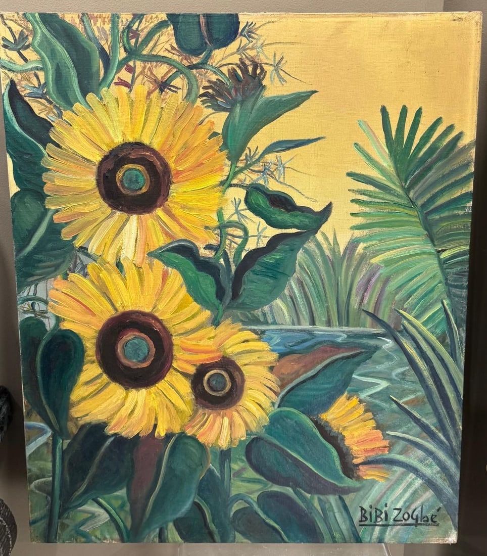 Bibi Zogbe Large Oil on Canvas "Girasoles" 24" x 20" w/ Provenance: Shipping in USA $ 140 .Known As Bibi, Labibeh Zogbe born in 1890 in Sahel Alma, Lebanon, She immigrated to Argentina at the age of 16,in the early 1930s, she studied under the Bulgarian painter Klin D