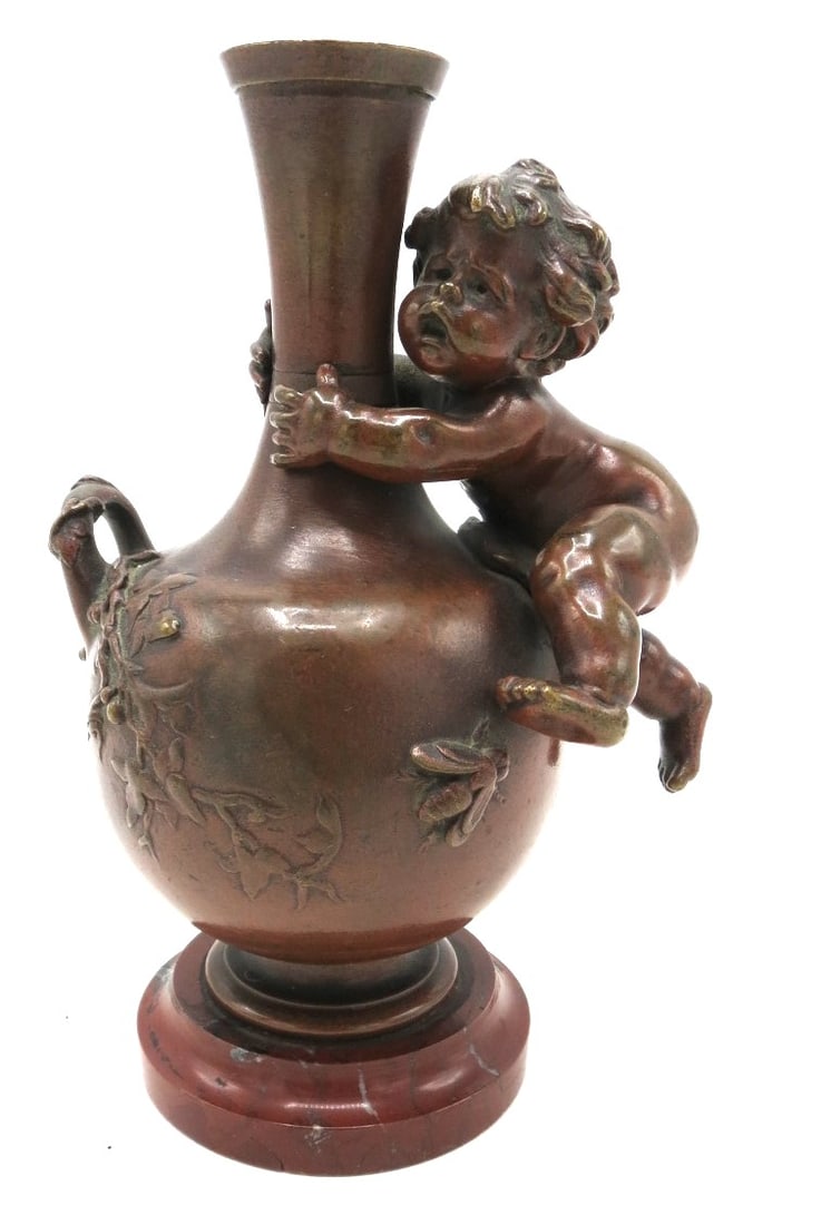 A. Moreau Bronze Vase w/ Boy  H: 6" Diam: 3" France Marble Base (1 of 6)