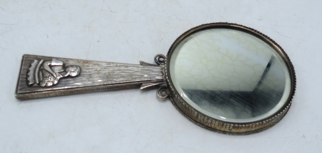 Sterling Silver Art Nouveau Hand Mirror H: 7" Diam: 3.5" France: Shipping in USA $ 25.