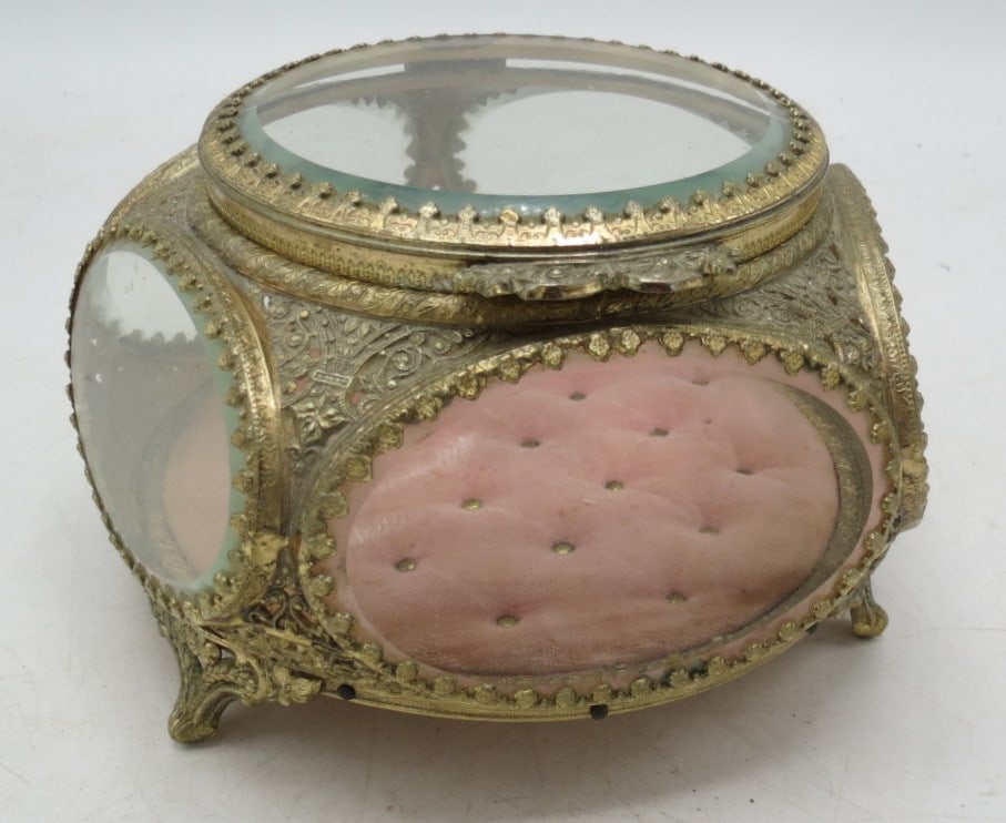 Bronze & Crystal Jewelry Box H: 4" Diam: 7": Shipping In - House available -