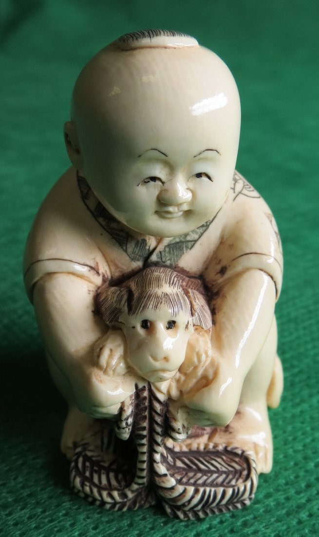 Ivory Netsuke, Child and Pet: Est. Shipping = $10 to U.S