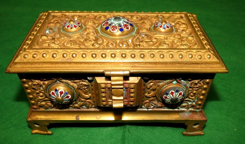 Bronze and Enamel Jewelry Box. French: Champleve. 3"H - 5.5"W - 3"D --- Est. U.S. shipping = $ 18