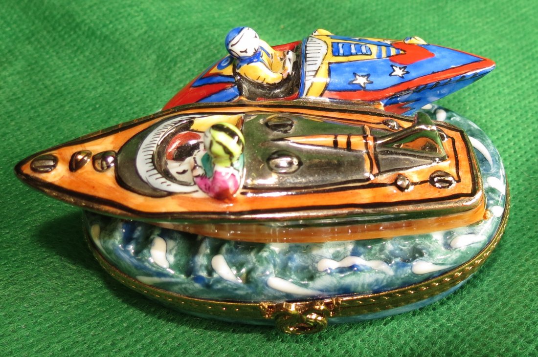 Limoges Hand Painted Box, Racing Boats: Est. Shipping = $9 to U.S