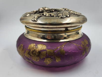 Antique European Artistic Glass & Metal Box H: 4" Diam: 6": Shipping In - House available